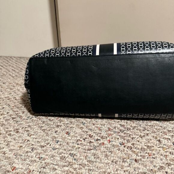 Tory Burch Gemini Link Canvas Tote Navy Black Striped Chain Print Large Bag - Picture 10 of 16